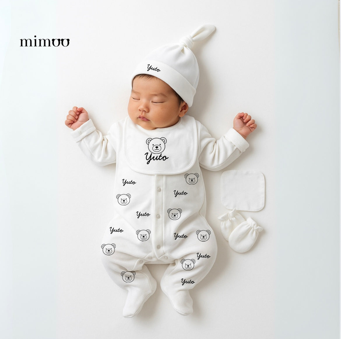 お名前入りベビー3点セット（カバーオール・帽子・スタイ） – Mimoo
