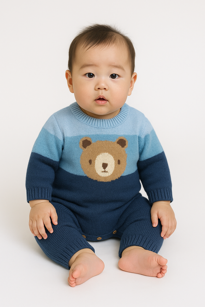 くまさん柄 ふんわりニット ベビーロンパース