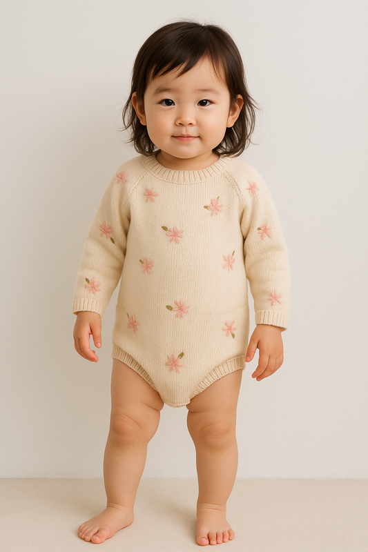 花刺繍 長袖ニットロンパース（0〜2歳）